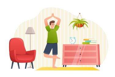 man in yoga tree pose in wellness room